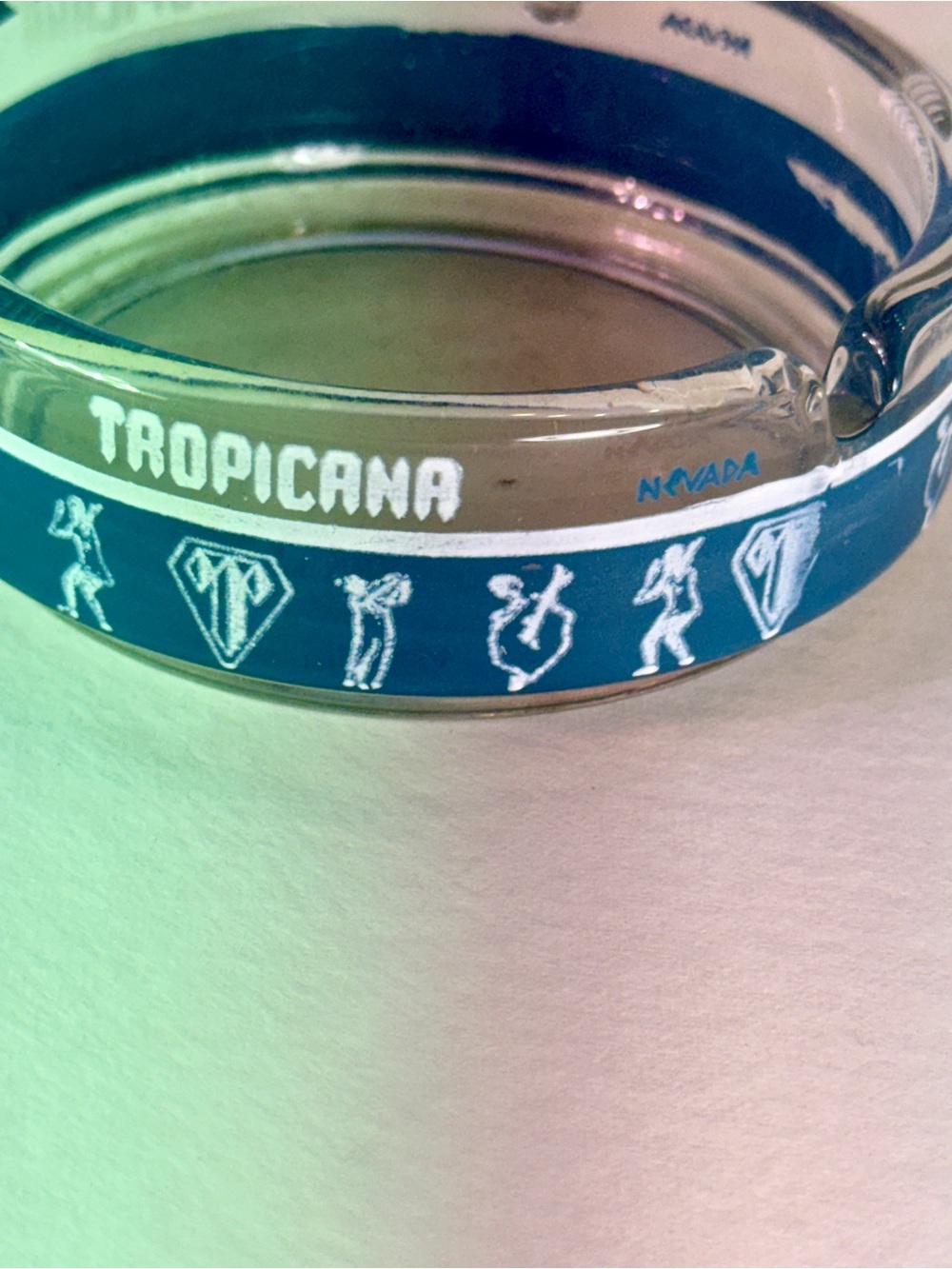 Vintage Glass Ashtray Tropicana Casino, Las Vegas, Blue Graphics, 3.5” 1960-70s